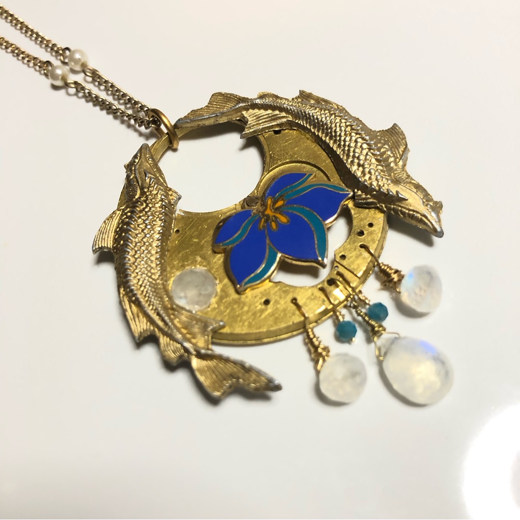 Pisces Season Steampunk Art Nouveau Rainbow Moonstone Blue Apatite Gold-Toned